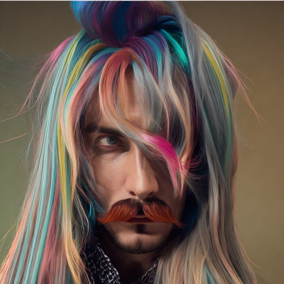 Intense gaze person with rainbow hair and orange mustache on neutral background