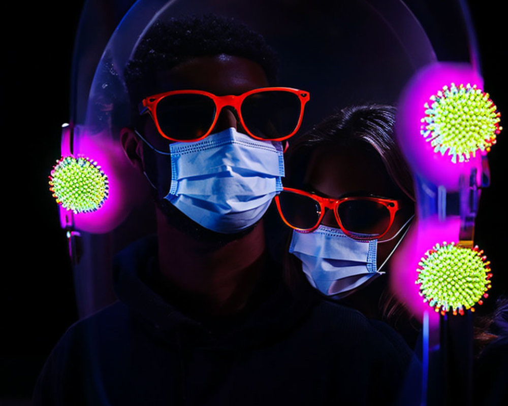 Man and woman in face masks with red glasses in UV light with virus particles.