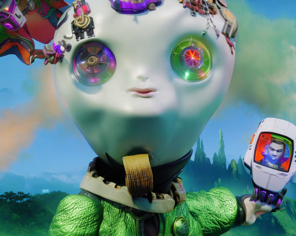 Whimsical Animated Character with Large Head and Futuristic Green Jacket in Colorful Landscape