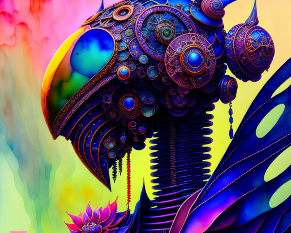 Colorful surreal artwork: mechanical bird with ornate patterns and gears on pastel cloud backdrop