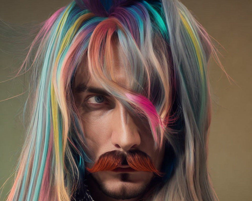 Intense gaze person with rainbow hair and orange mustache on neutral background