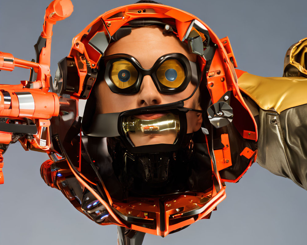 Futuristic helmet with orange frame and gold accents on person's head