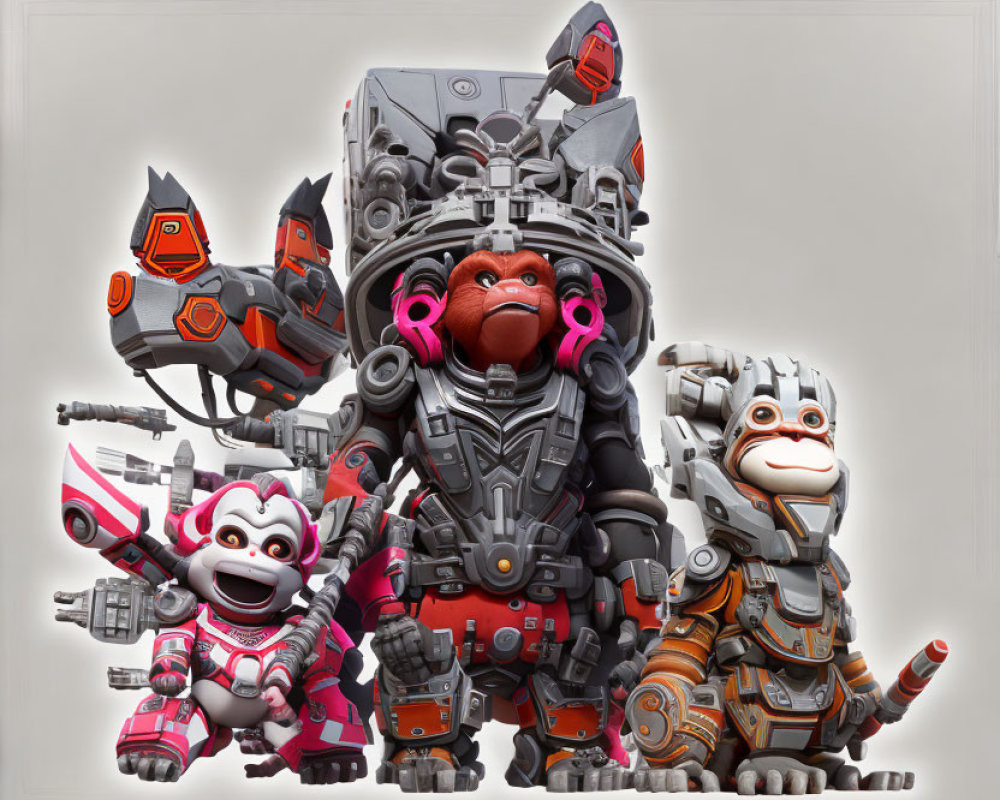 Stylized robotic animals featuring silverback gorilla and monkey-like robots in gray and pink.