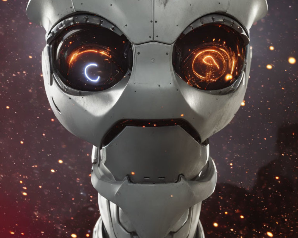 Robot head with glowing orange eyes against starry backdrop