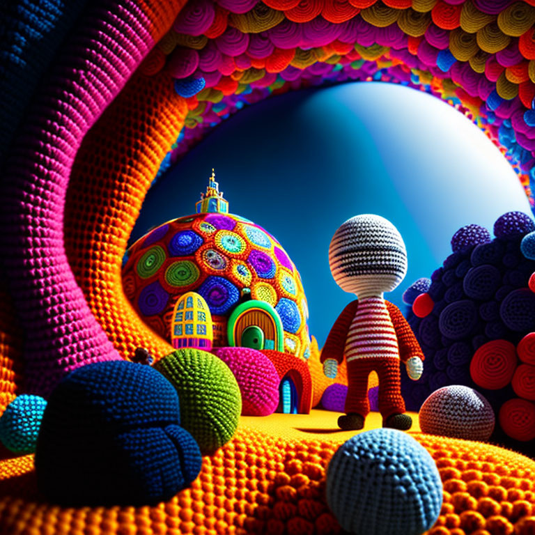 Colorful Knitted Landscape with Figure Walking Towards Dome-Shaped Structures