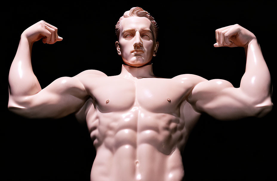 Muscular Man Sculpture Flexing Biceps on Black Background