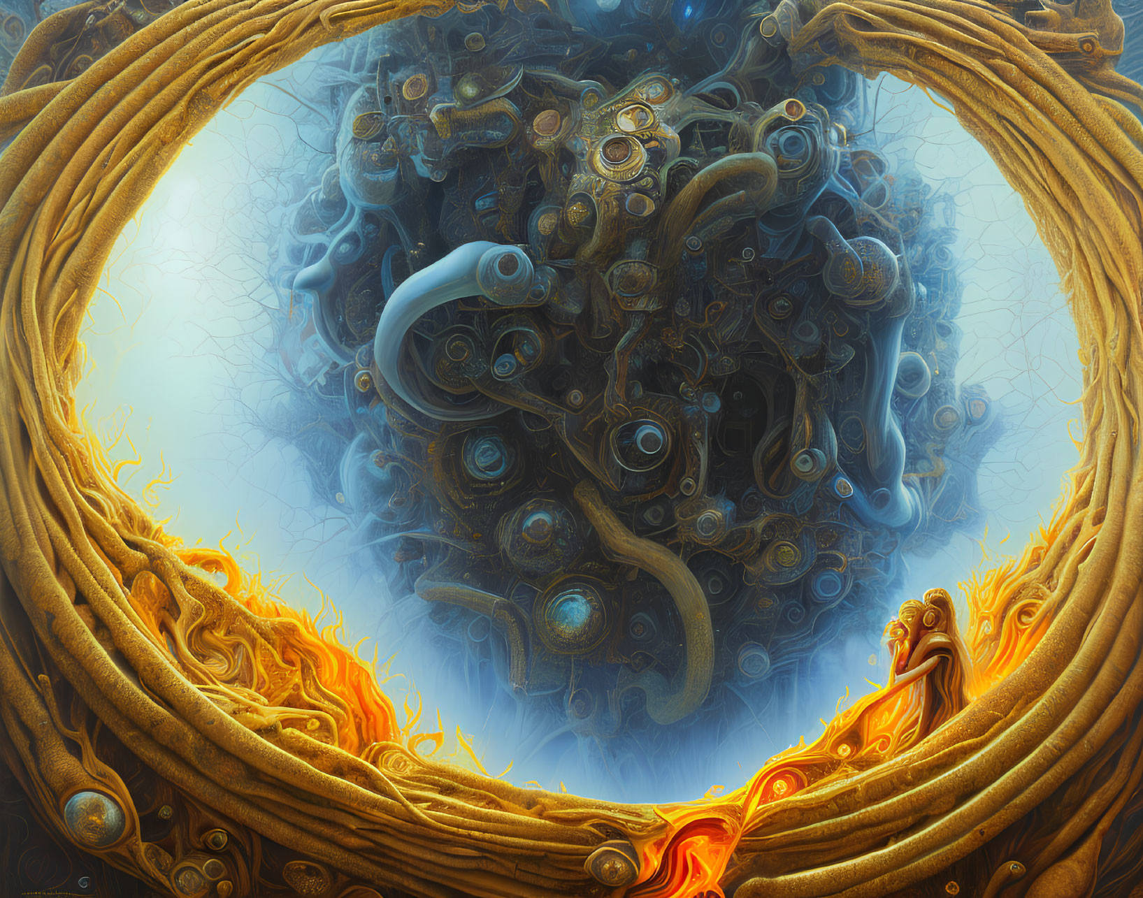 Surreal Artwork: Fiery Golden Frame, Blue Central Structure