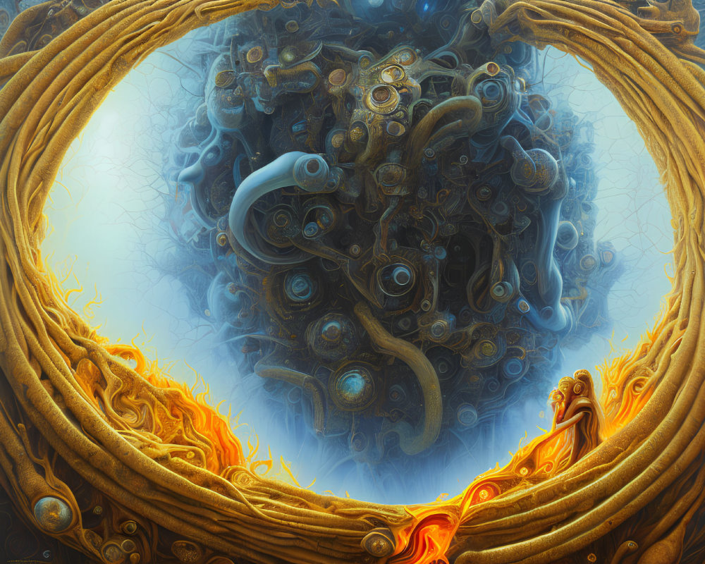 Surreal Artwork: Fiery Golden Frame, Blue Central Structure