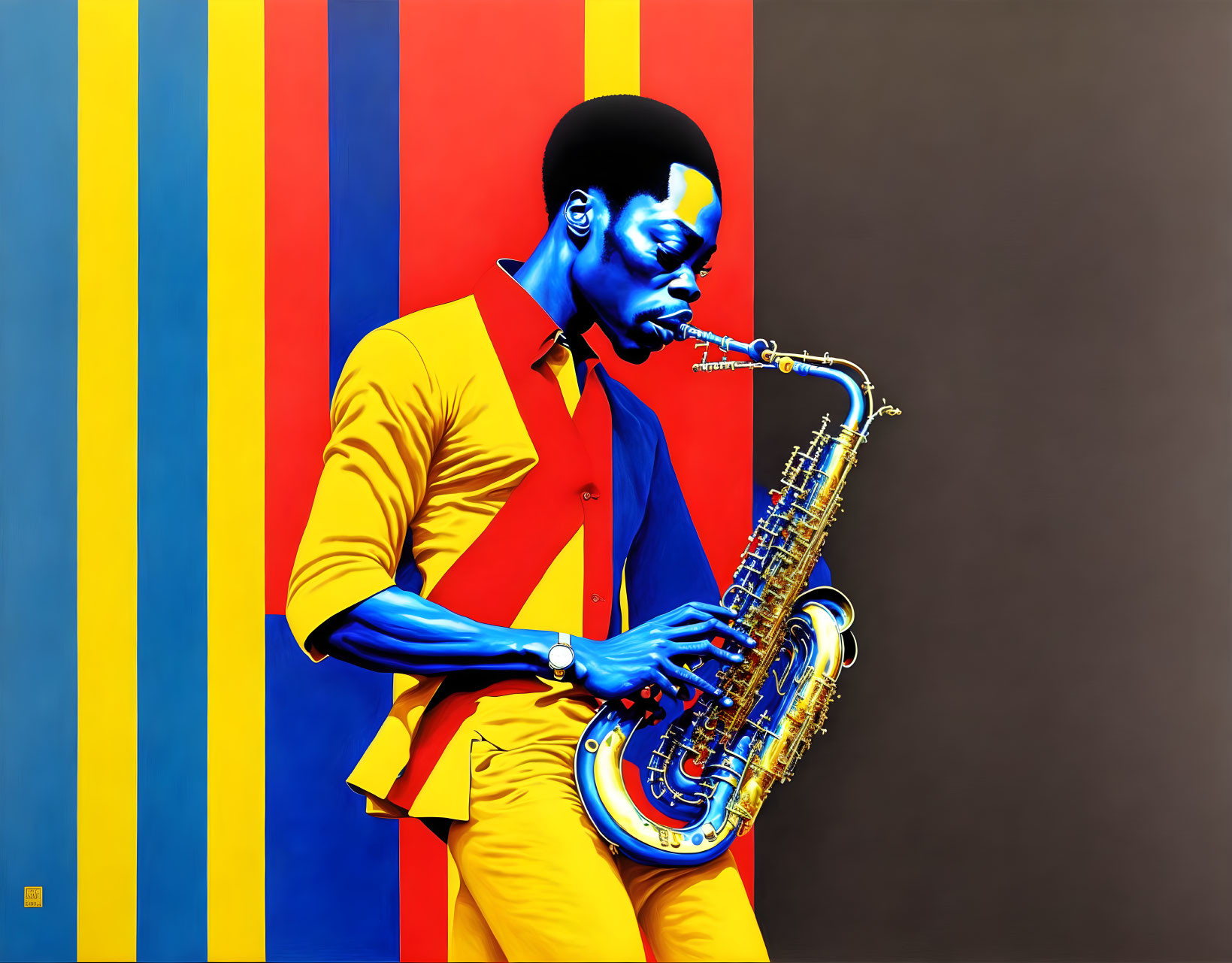 Vibrant saxophone player in yellow jacket on colorful background