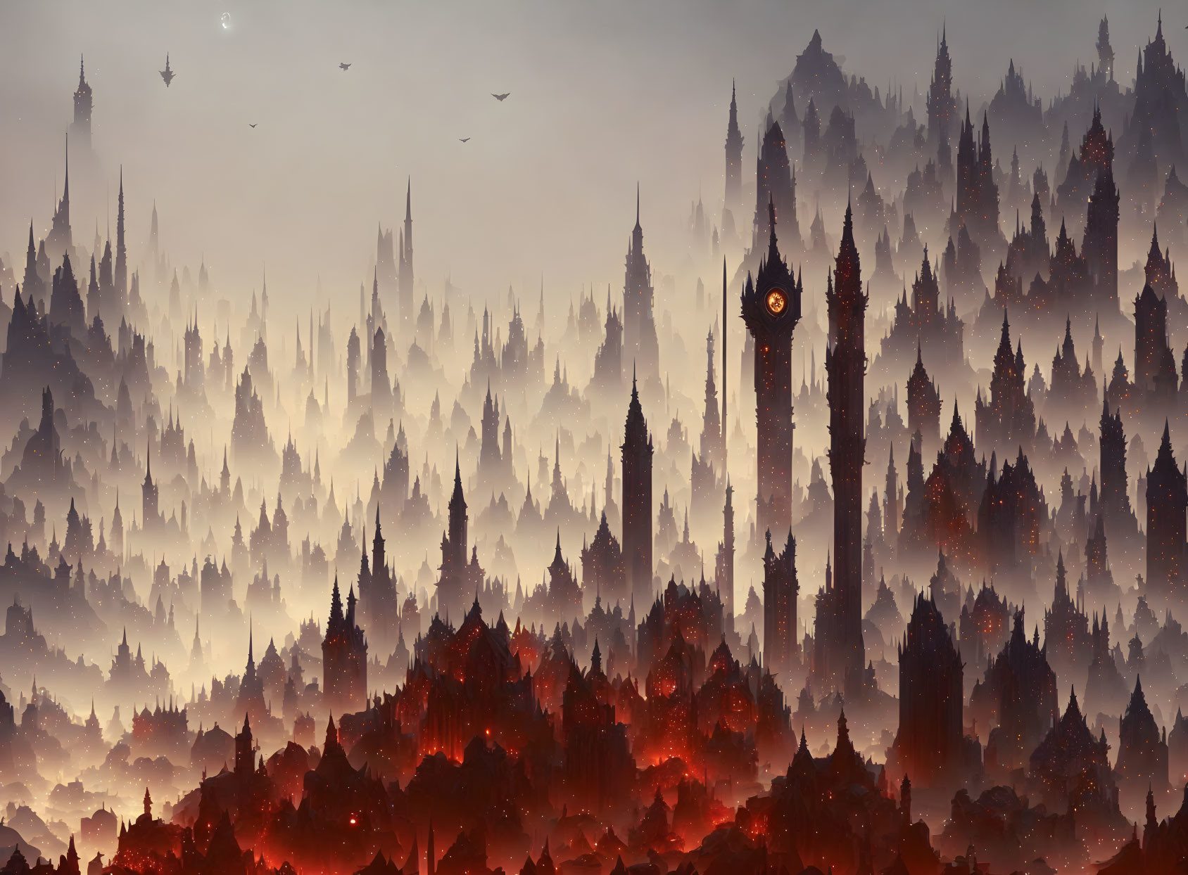 Fantastical landscape with ominous towers in misty atmosphere