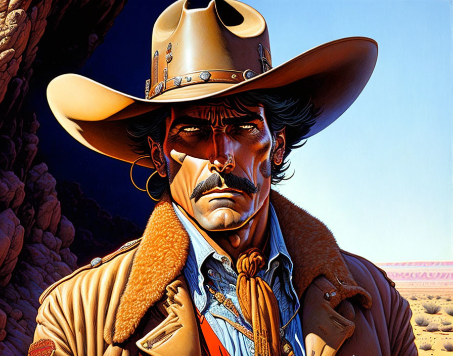 Rugged cowboy with mustache in desert canyon scene