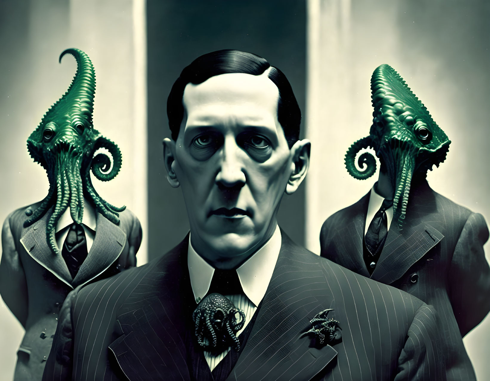 Stylized portrait: Man in vintage suit with tentacled figures