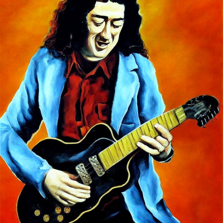 Man with Curly Hair Playing Electric Guitar Painting in Red Shirt and Black Trousers on Orange Background