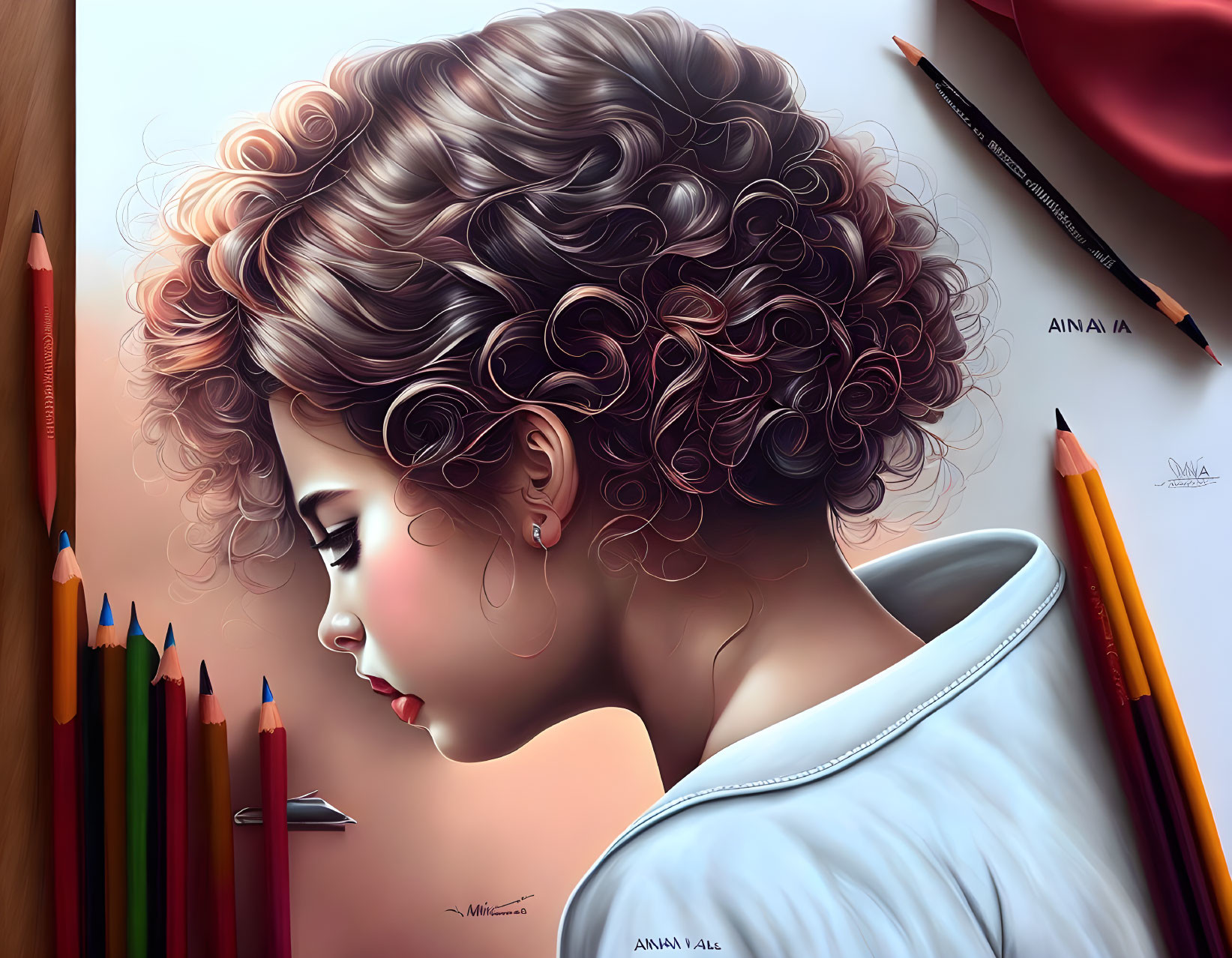 Profile View Illustration: Girl with Curly Hair Surrounded by Colored Pencils on Be