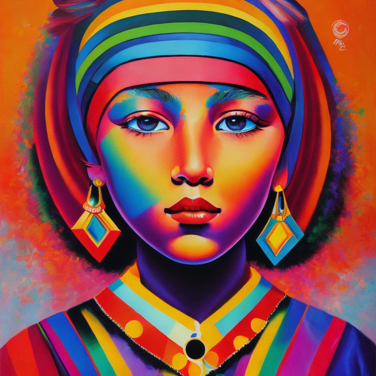 Colorful portrait of a person with turban, blue eyes, striped clothes, and geometric earrings on