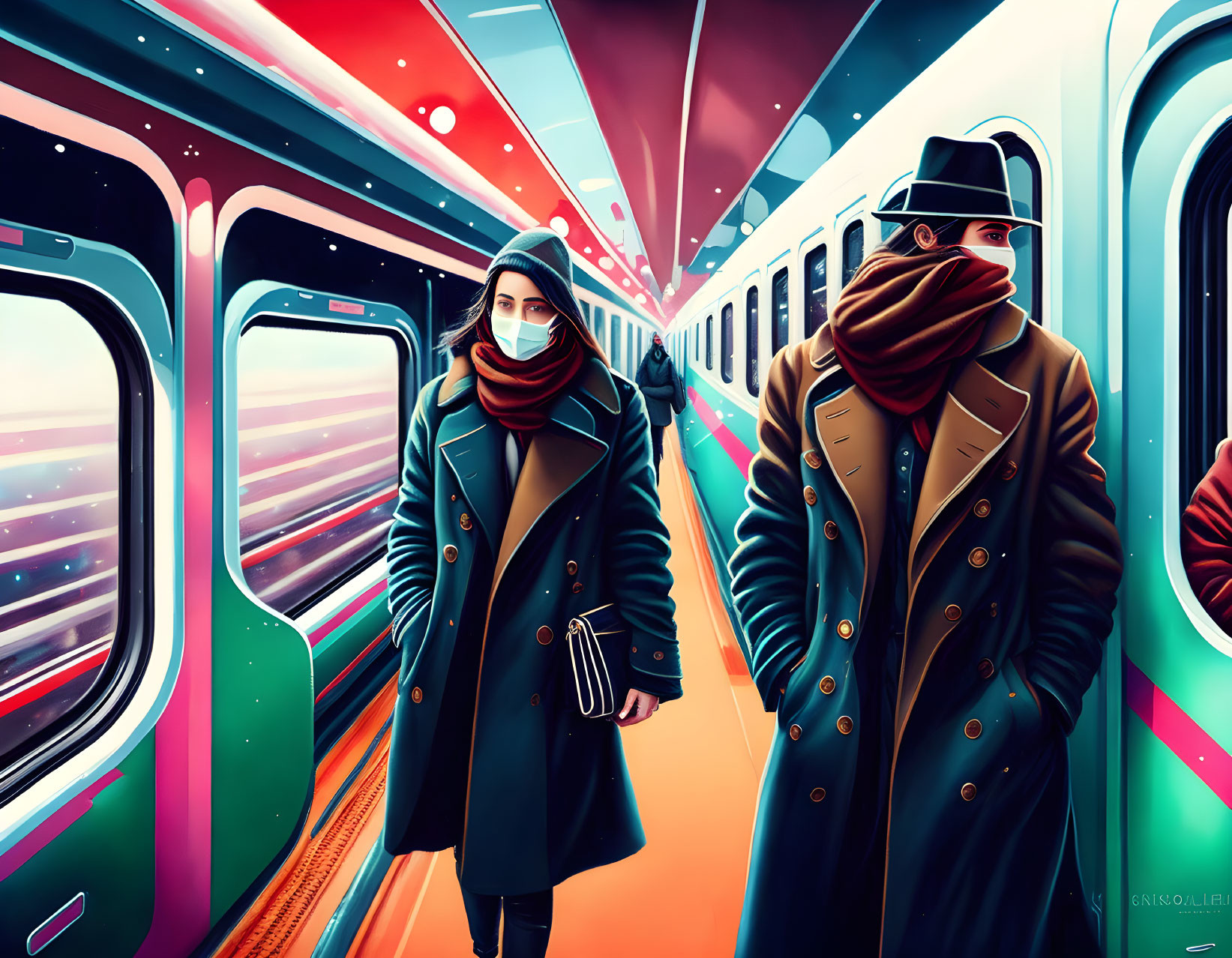 Digital artwork: Two passengers in winter attire inside a modern train car wearing masks.