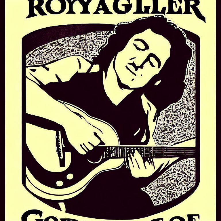 Graphic of Person Playing Electric Guitar in Emblem Border