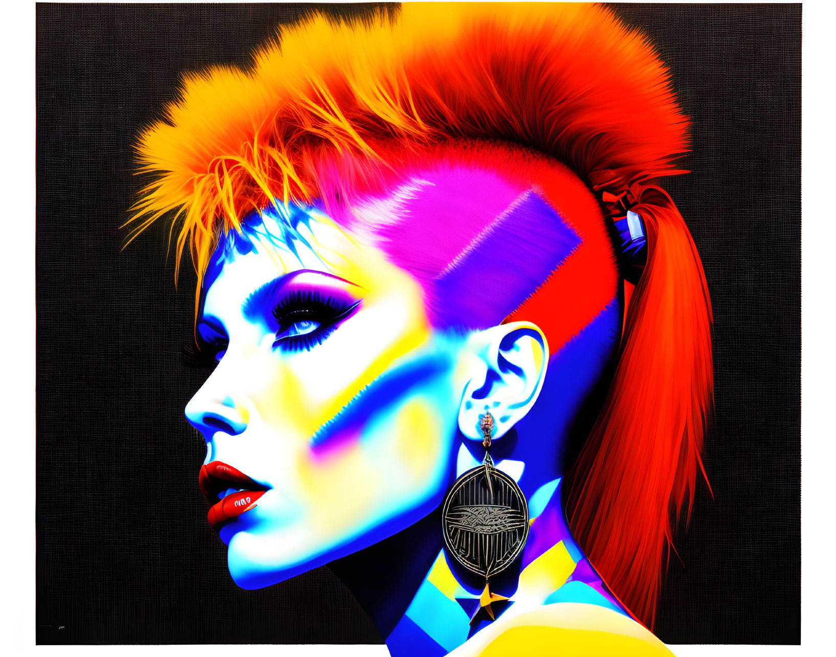 Colorful digital art: person with mohawk, neon colors, high contrast, earring,