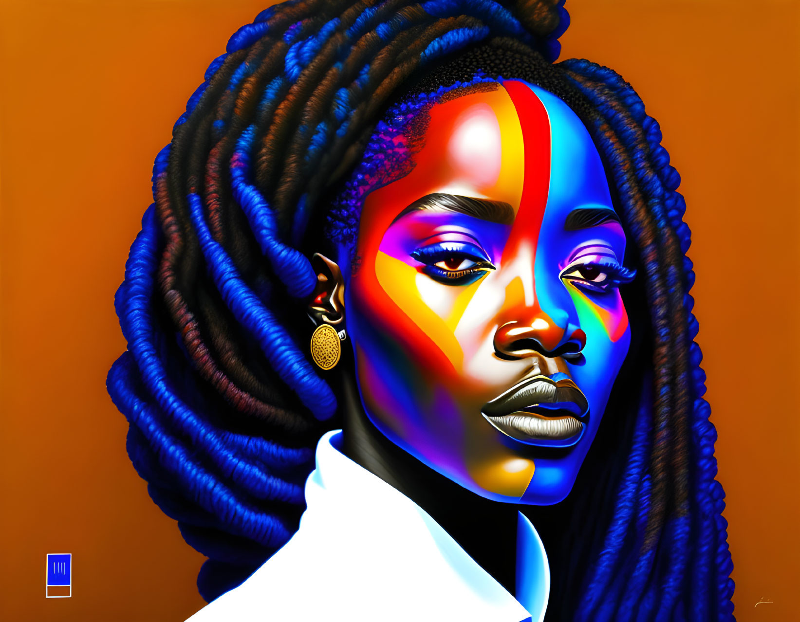 Colorful portrait of woman with blue dreadlocks and tribal face paint on orange backdrop