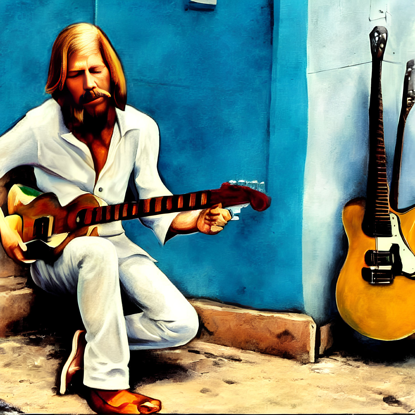 Man in White Suit with Beard Holding Guitar Against Blue Wall