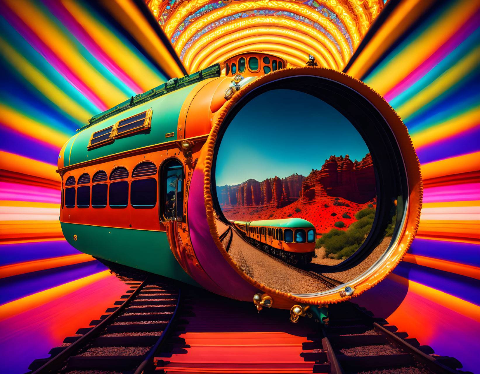 Vibrant surreal train emerging from swirling tunnel.