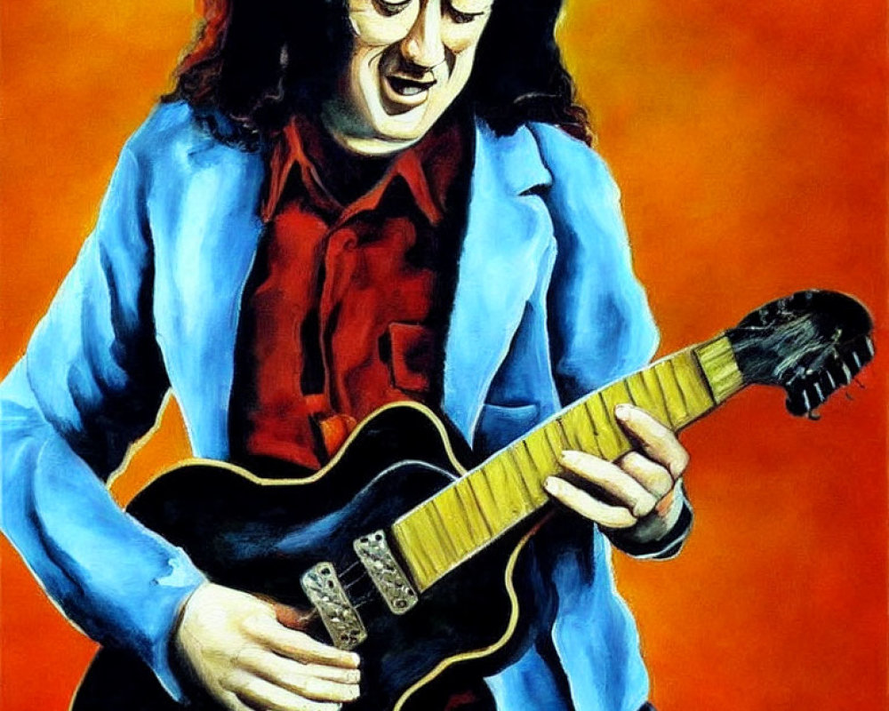 Man with Curly Hair Playing Electric Guitar Painting in Red Shirt and Black Trousers on Orange Background