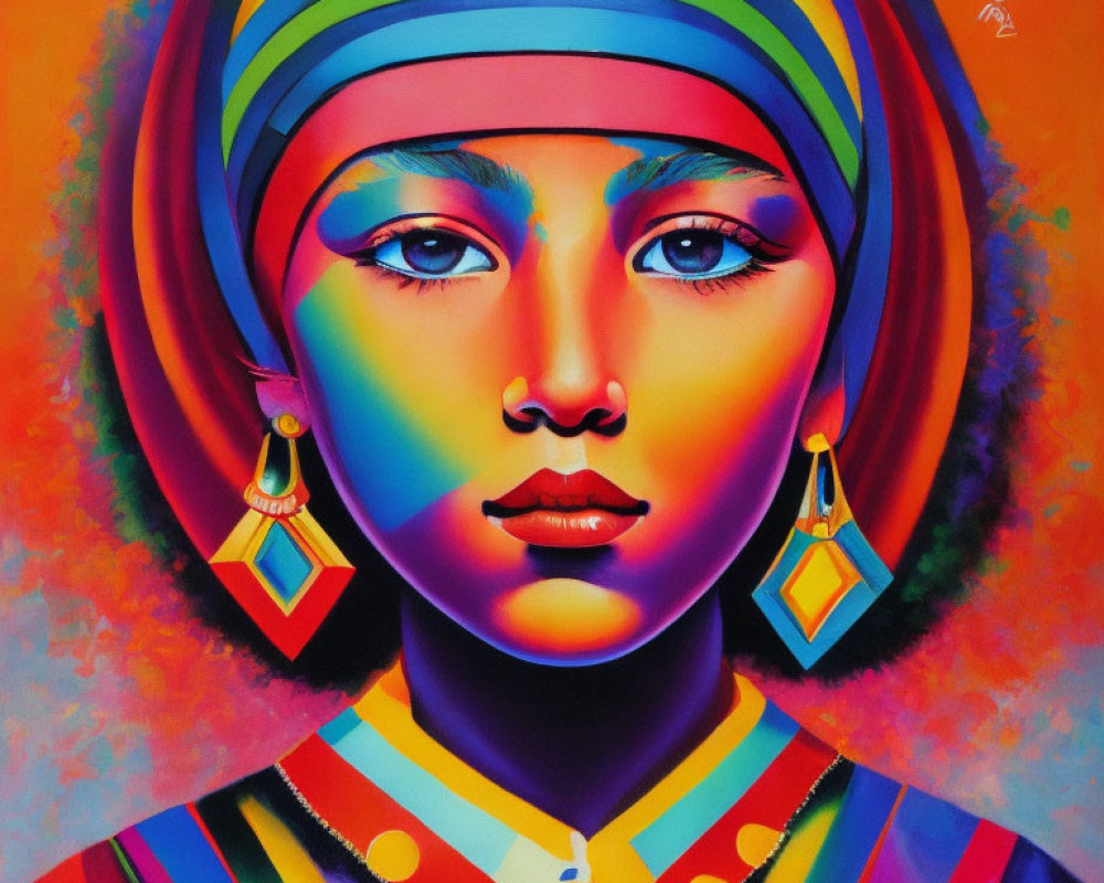 Colorful portrait of a person with turban, blue eyes, striped clothes, and geometric earrings on