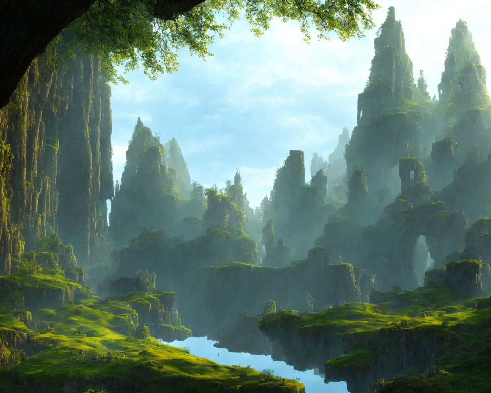 Tranquil fantasy landscape with towering rocks and lush greenery