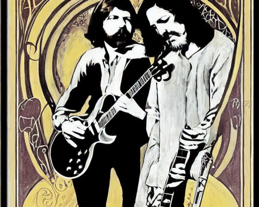 Vintage psychedelic design: Two male figures with guitars on yellow background