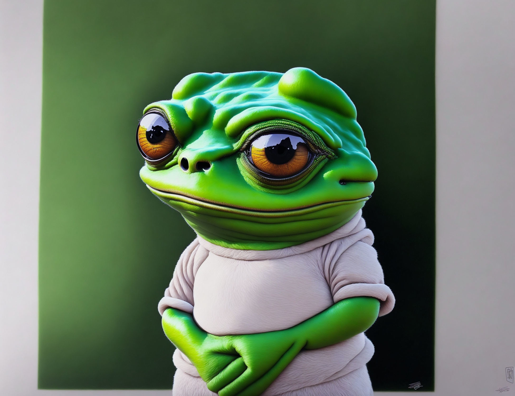 Hyperrealistic Painting of Anthropomorphic Green Frog in White Robe