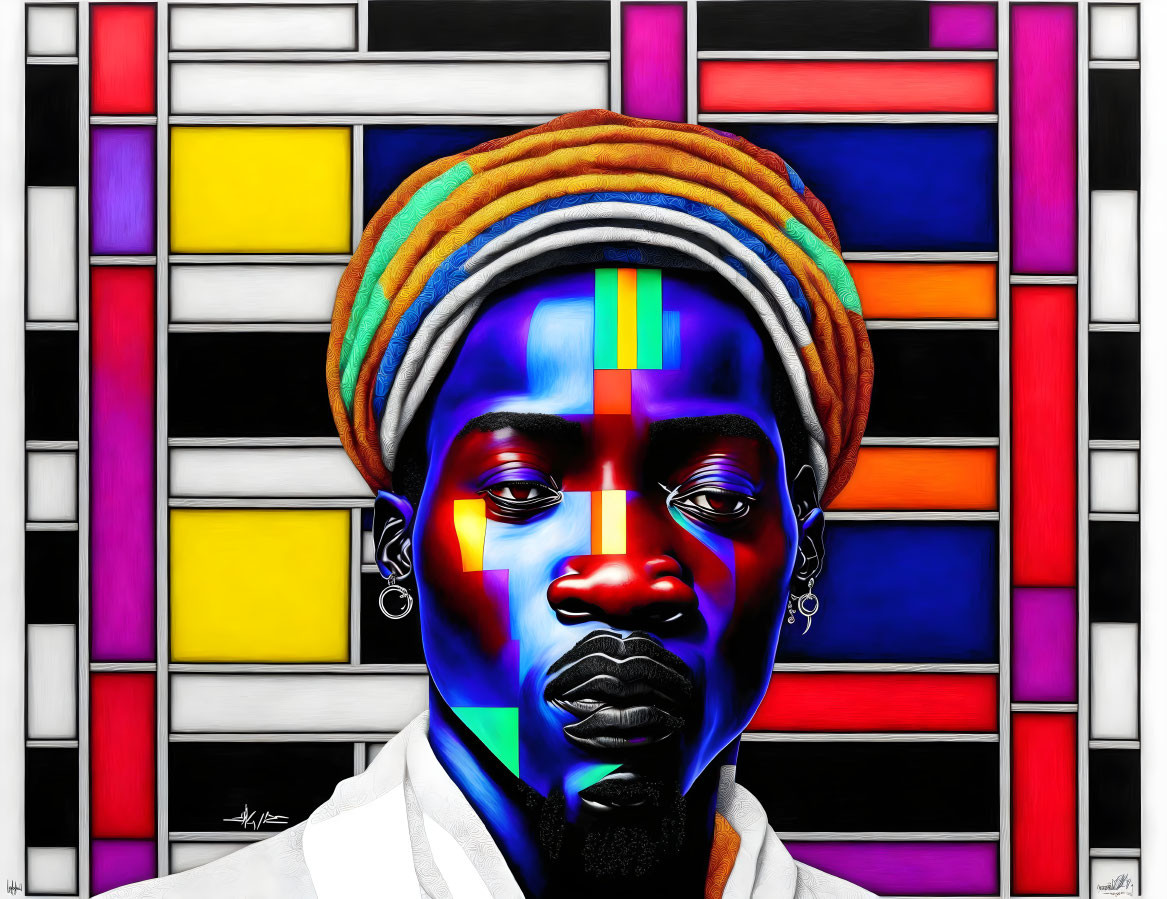 Vibrant portrait with headwrap on geometric stained-glass backdrop