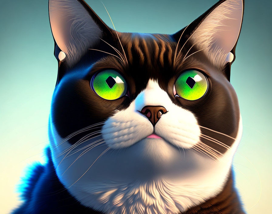 Detailed Digital Art of Cat with Striking Green Eyes