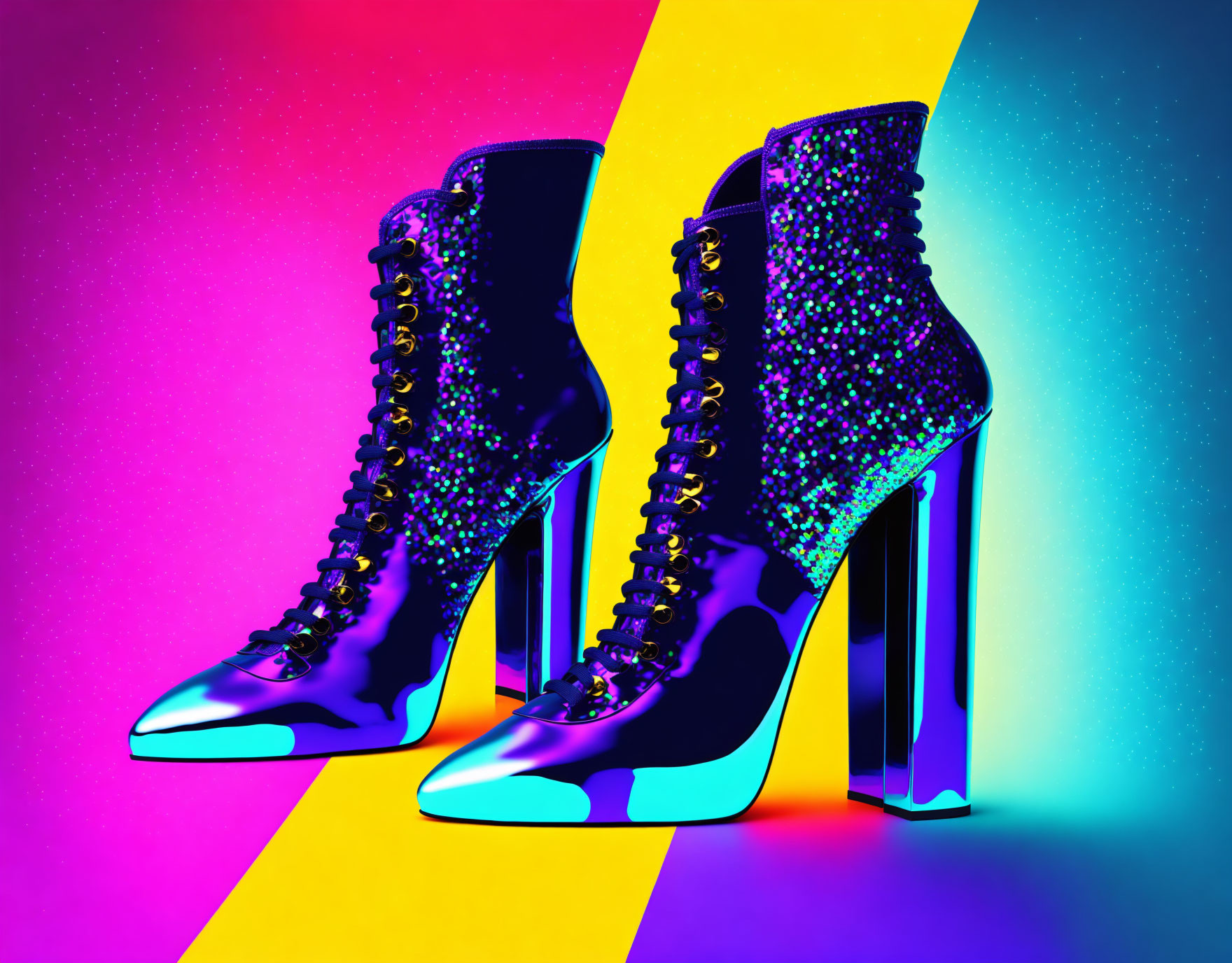 Sparkly high-heeled ankle boots on vibrant multicolored gradient background