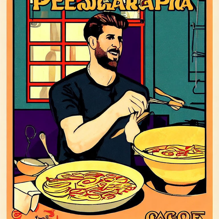 Colorful Retro Kitchen Scene with Man Making Pizza