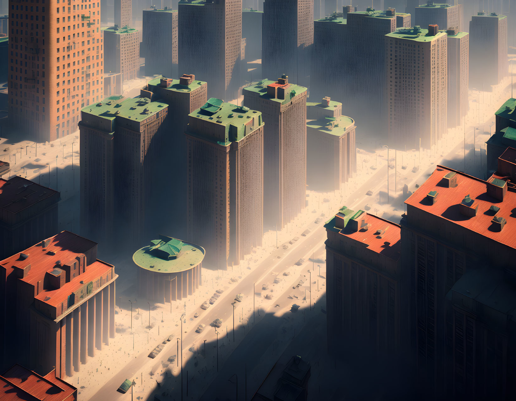 Golden sunlight illuminates stylized cityscape with towering buildings and snowy streets.