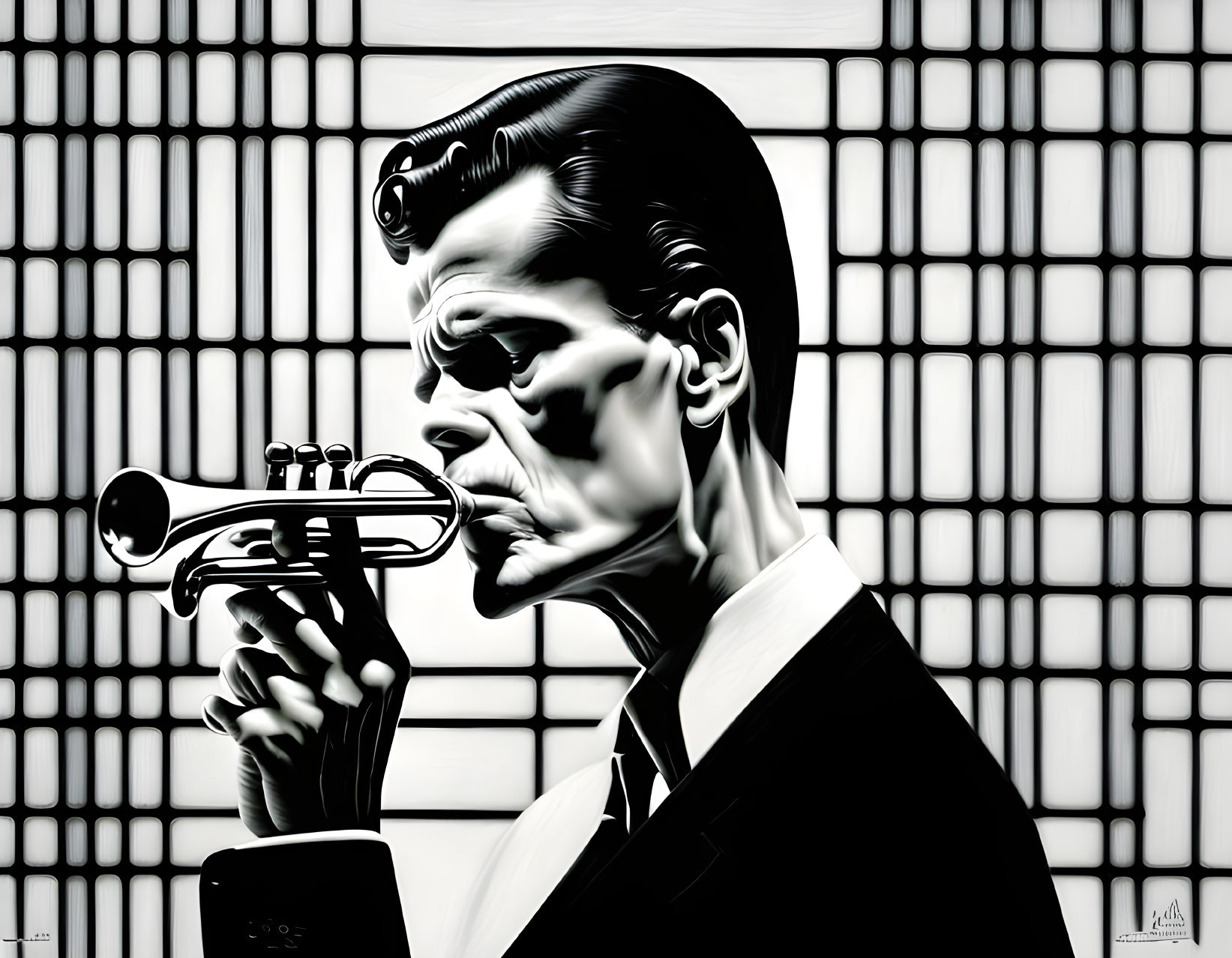 Monochrome artwork of a man playing trumpet in a suit