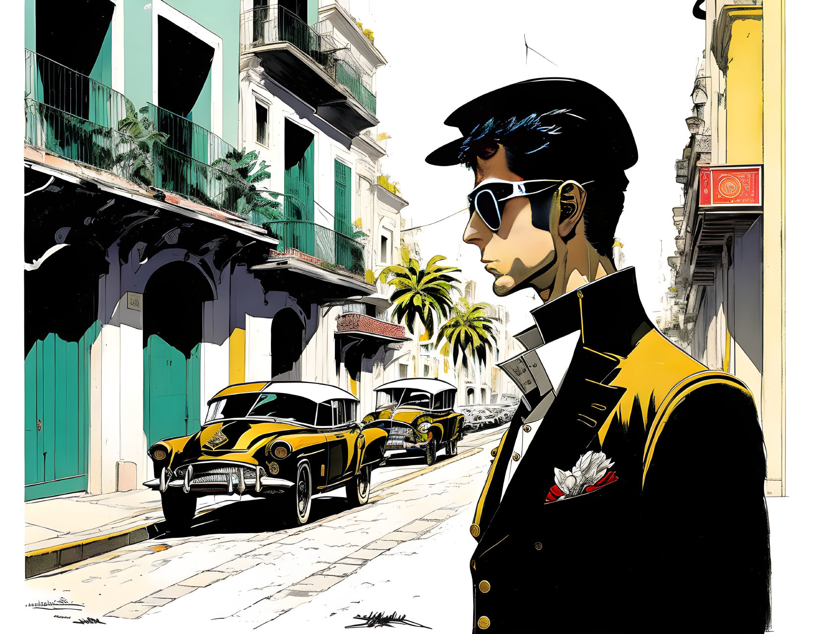 Stylized illustration of man in black and yellow suit on vintage street