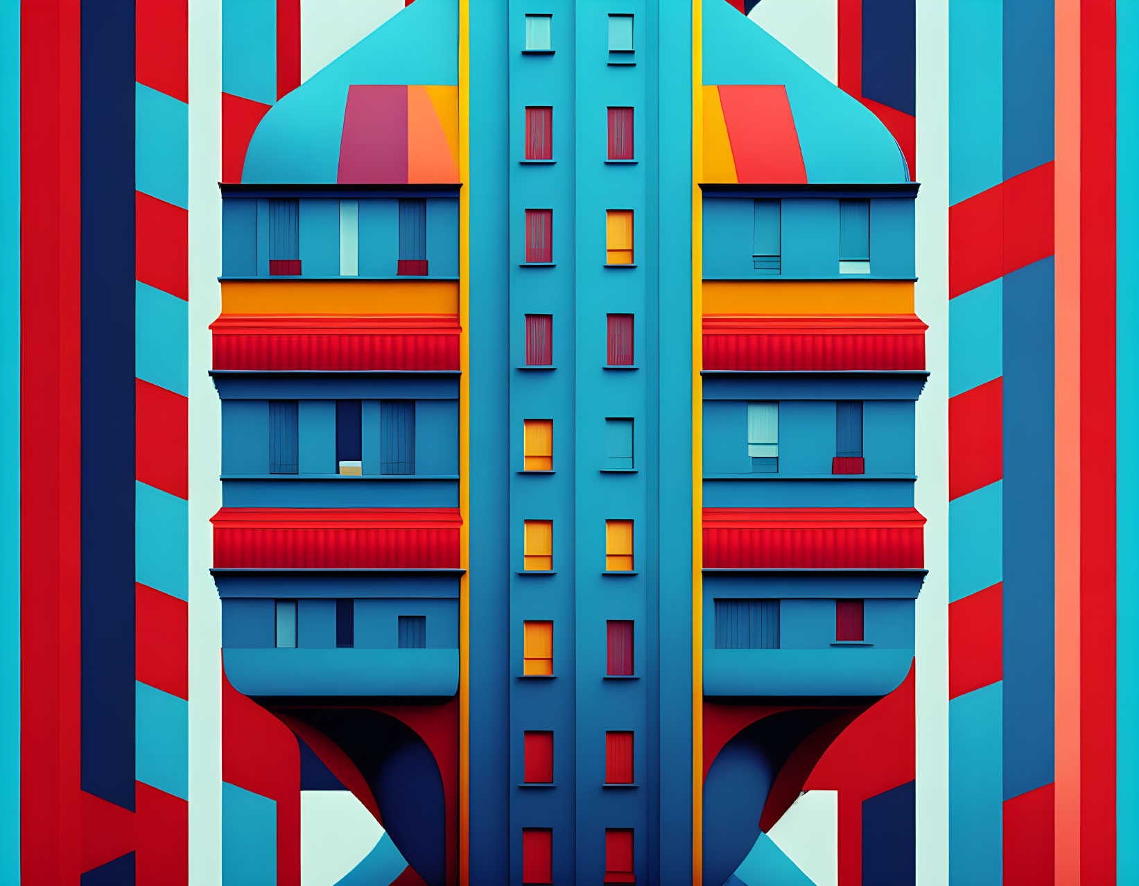 Abstract digital artwork of colorful symmetrical building with blue, red, and yellow hues