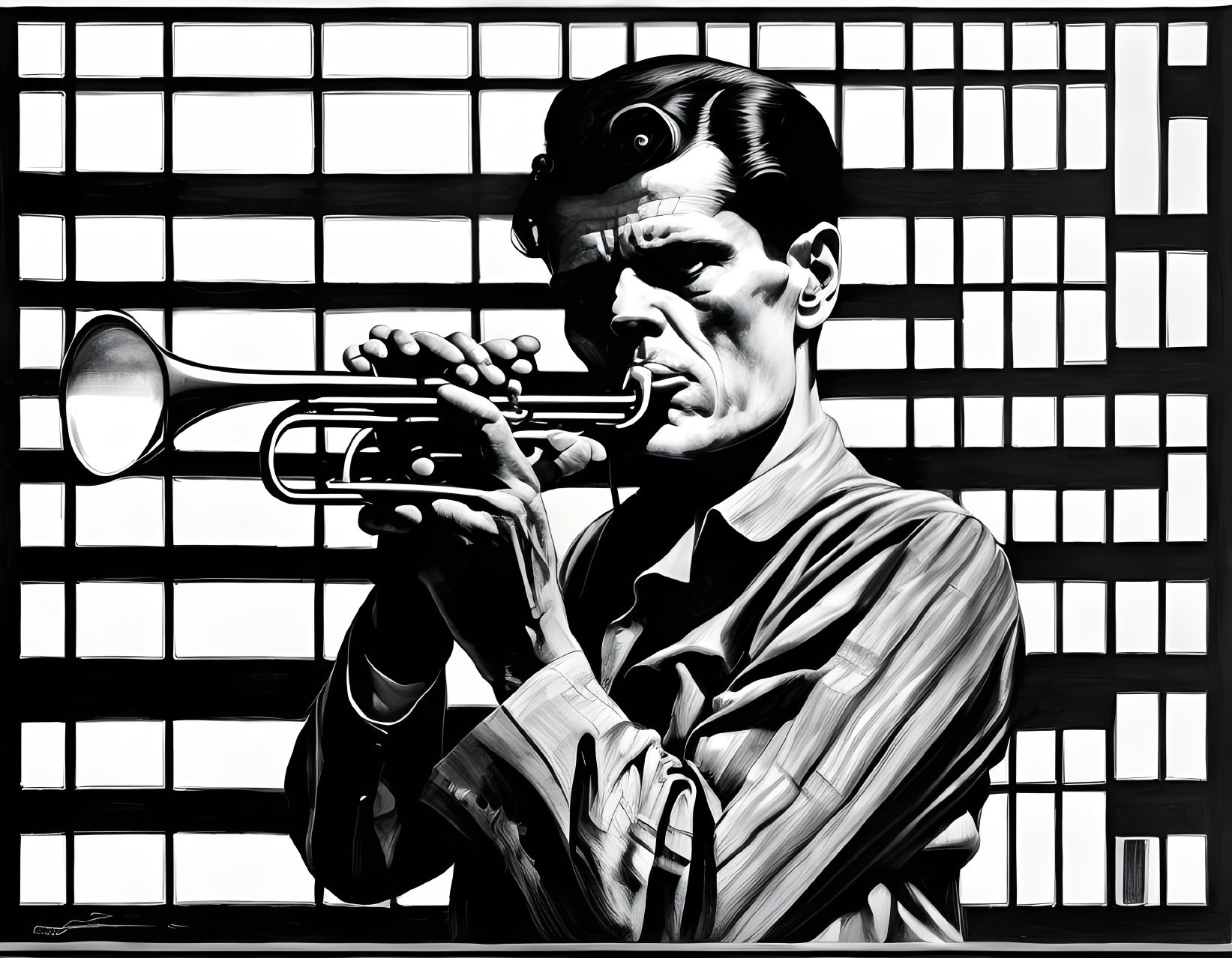 Monochrome illustration of man playing trumpet against window pane background