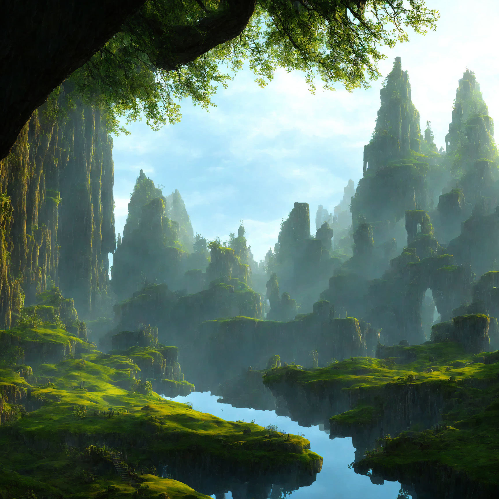 Tranquil fantasy landscape with towering rocks and lush greenery