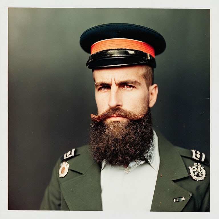 Military man with cap, beard, and mustache on grey backdrop