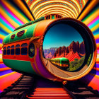 Vibrant surreal train emerging from swirling tunnel.