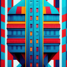 Abstract digital artwork of colorful symmetrical building with blue, red, and yellow hues