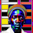 Vibrant portrait with headwrap on geometric stained-glass backdrop