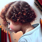 Profile View Illustration: Girl with Curly Hair Surrounded by Colored Pencils on Be