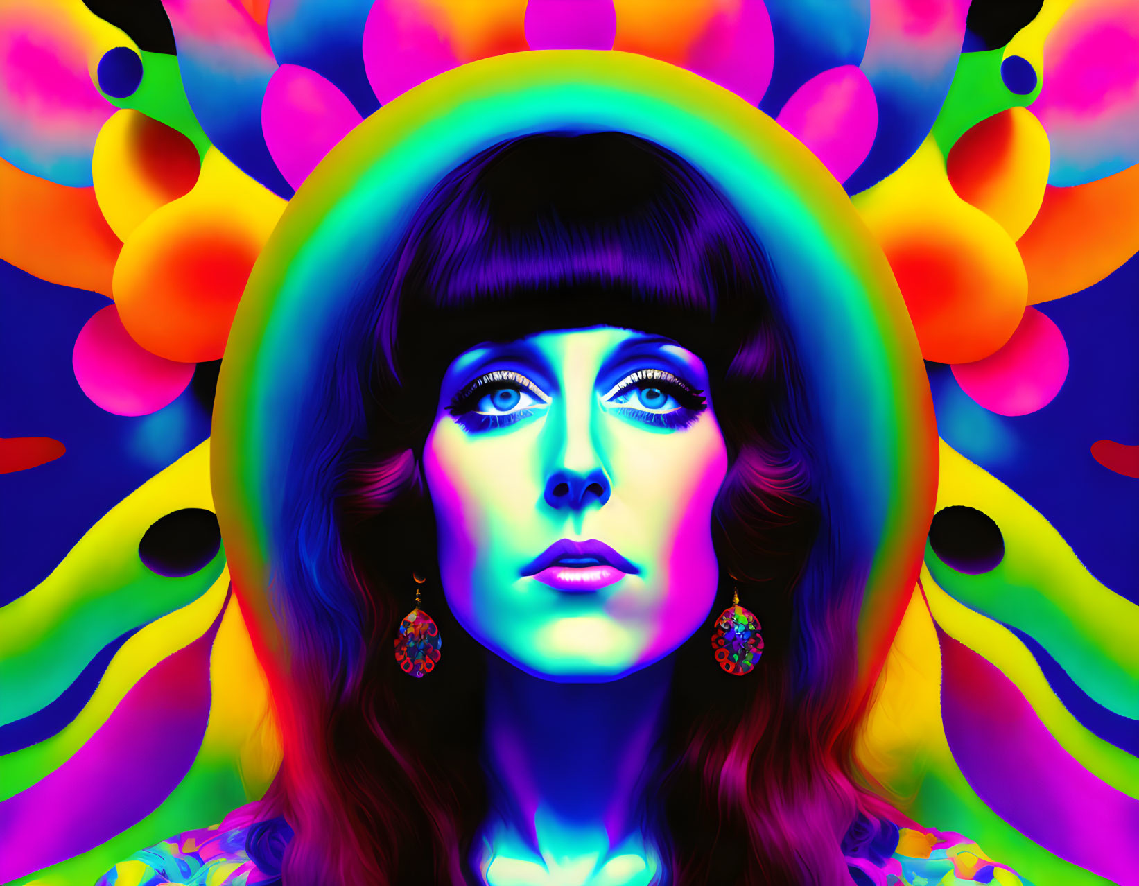 Colorful Psychedelic Portrait of Woman with Blue Eyes and Dark Hair