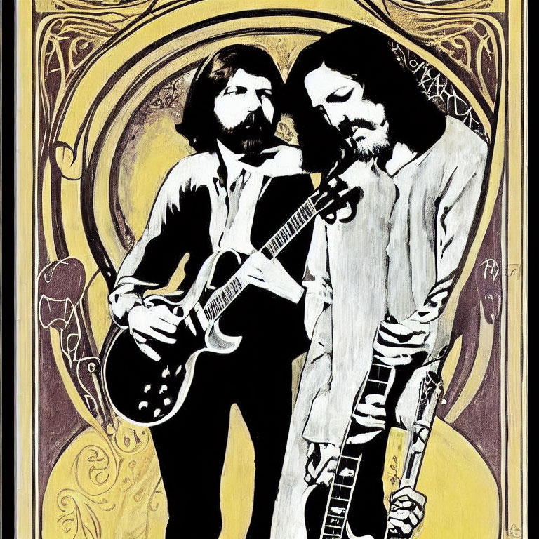 Vintage psychedelic design: Two male figures with guitars on yellow background