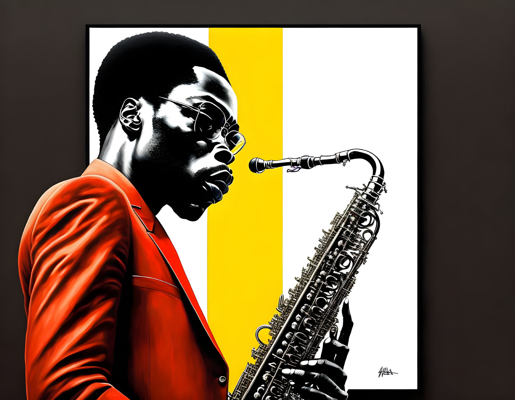 Illustration of person playing saxophone in red jacket and sunglasses