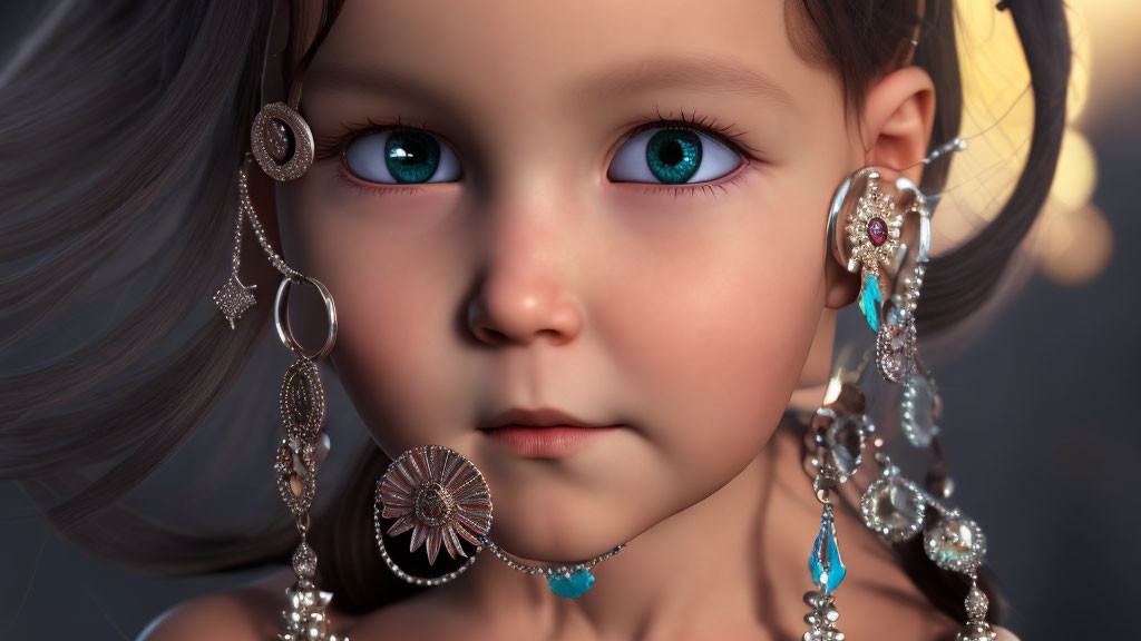 Detailed digital artwork featuring young girl with blue eyes and decorative jewelry