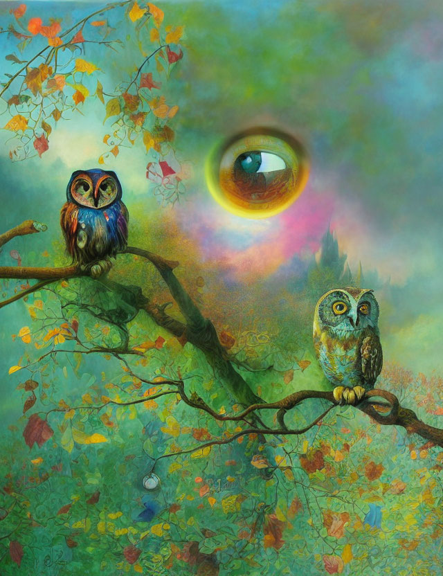 Surrealist painting featuring owls, foliage, and a detailed eye